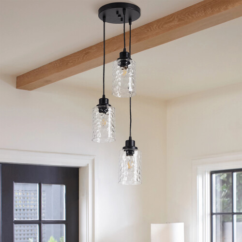 Living And Home Black 3-Light Pendant Light with Wave Glass Lampshade 1