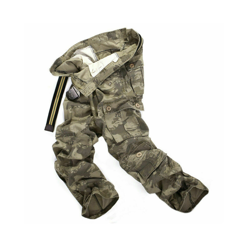 (Water Wave Camouflage, 36) Mens Army Cargo Trousers Multi Pockets Pants