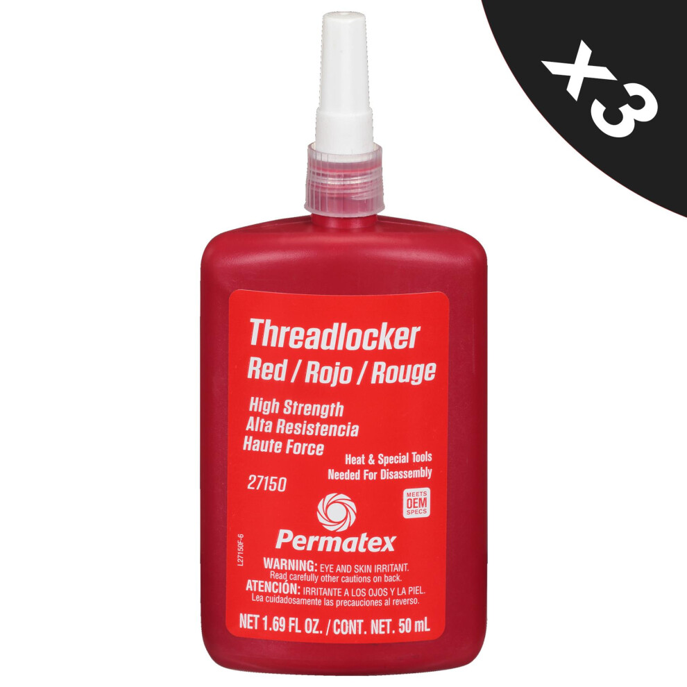 Threadlock High Strength Fast Acting Nut & Bolt Thread Lock Sealant 3X50 Ml Red 5056820501482