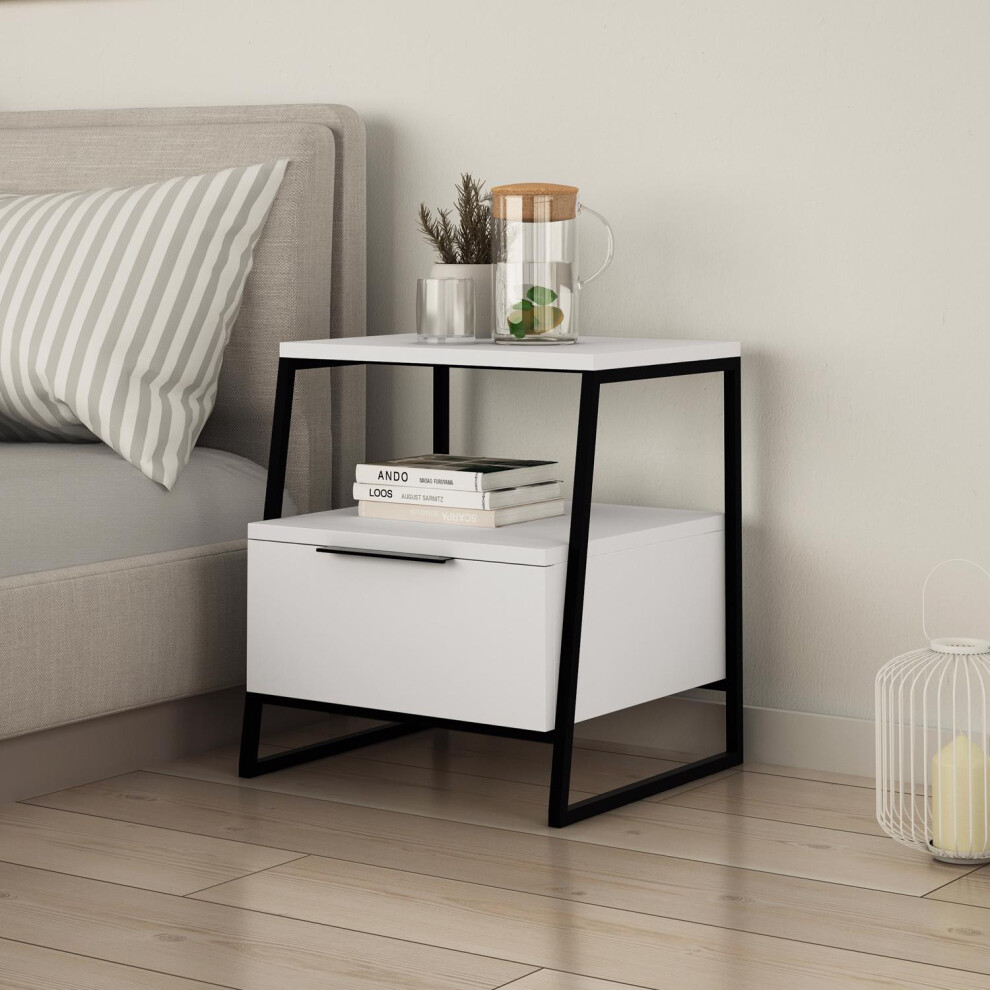 FWStyle Matt White 1 Drawer Modern Bedside Table Nightstand Black Metal Frame