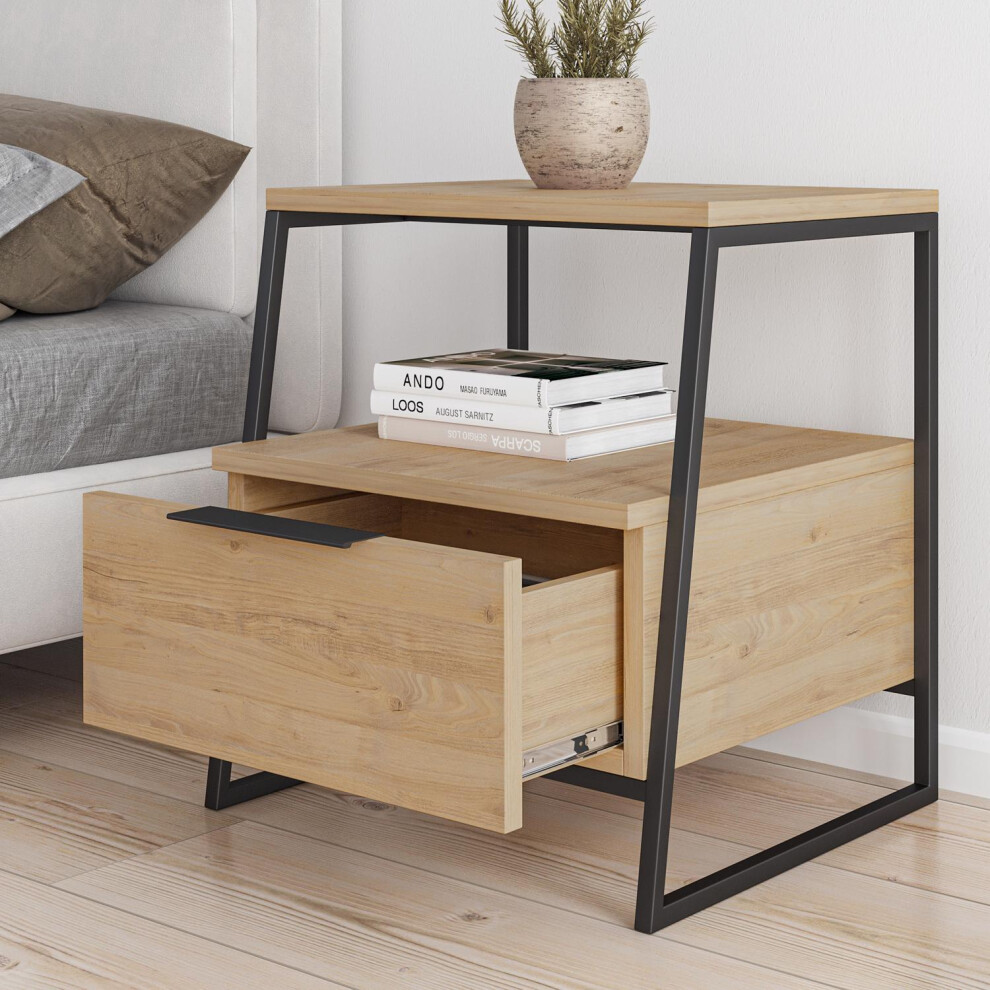 FWStyle Light Oak 1 Drawer Modern Bedside Table Nightstand Black Metal Frame