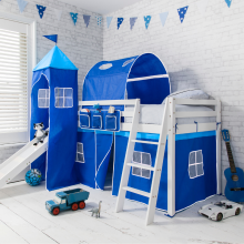 Moro Cabin Bed with Slide, Blue Cotton Tent, Tower & Tunnel - White Finish, Solid Pine Midsleeper with Underbed Storage