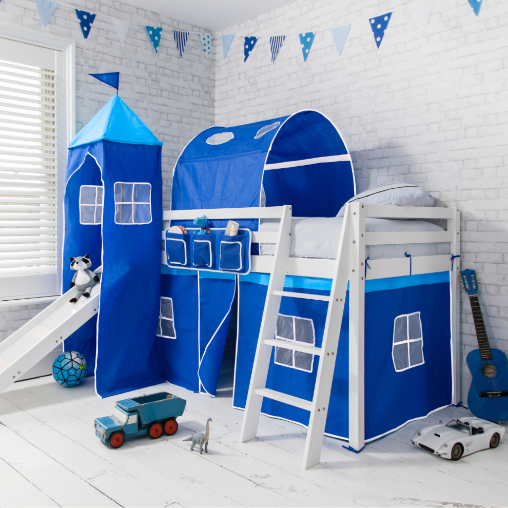 Moro Cabin Bed with Slide and Brilliant Blue Cotton Tent, Tower & Tunnel in White