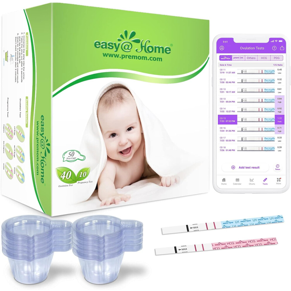 (40LH+10HCG+50Cup) Ovulation & Pregnancy Test Strips Kit: Easy@Home 40 Ovulation Strips