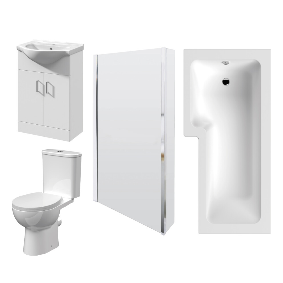 1700mm Bathroom Suite - L Shape Shower Bath, Front Panel, Shower Bath Screen, Vanity Basin Unit and Toilet and Seat, Gloss White