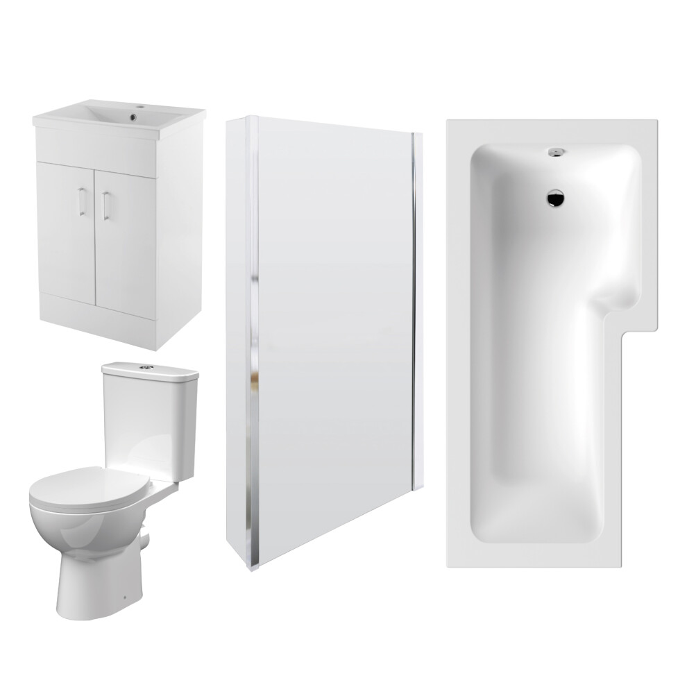 1700mm Bathroom Suite - L Shape Shower Bath, Front Panel, Shower Bath Screen, Vanity Basin Unit and Toilet and Seat - Gloss White