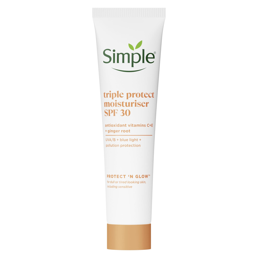 Simple Protect 'N' Glow Triple Protect Moisturiser SPF 30 3x protection against UVA & UVB rays 40 ml blue