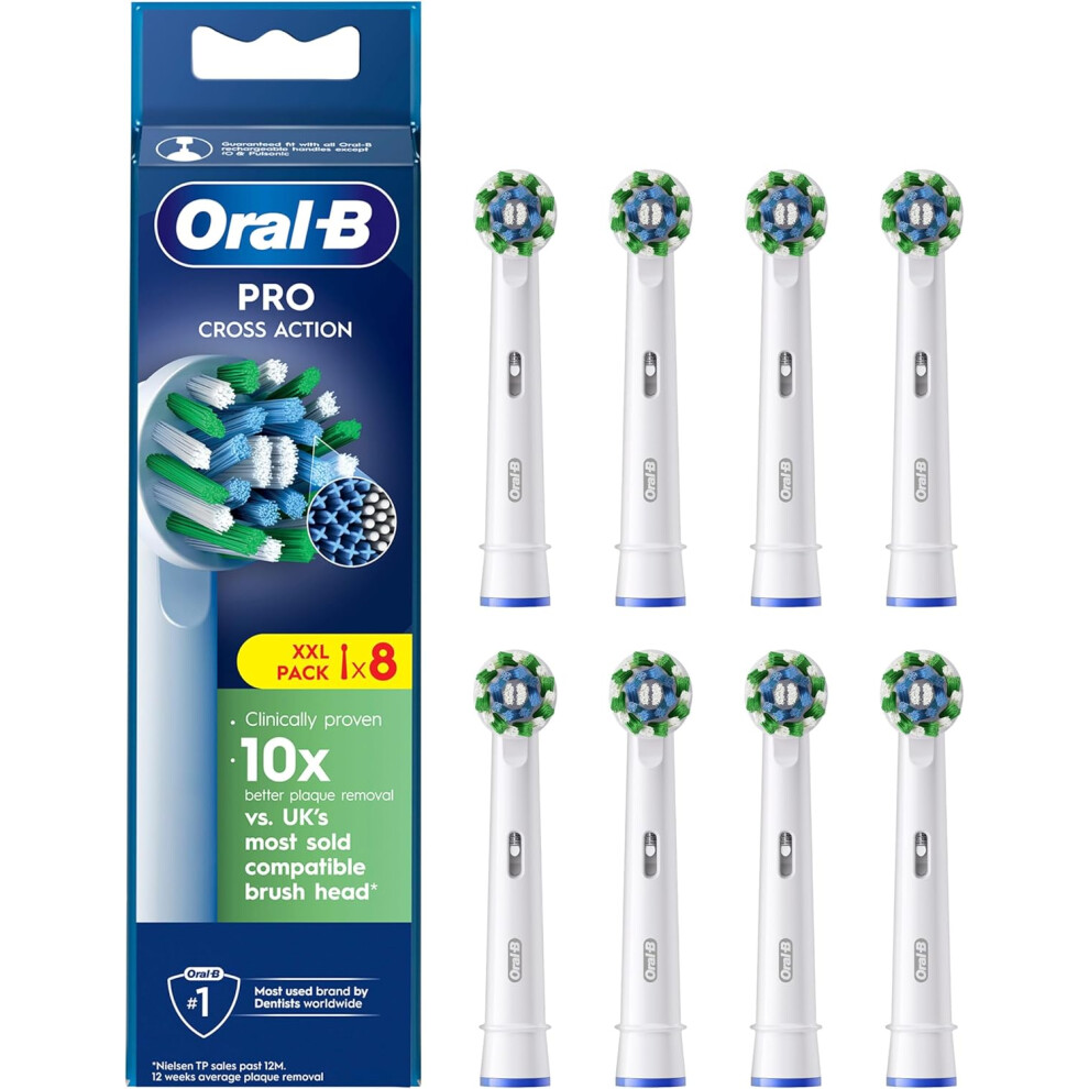 (Oral-B Pro Cross Action Electric Toothbrush Head, X-Shape and Angled Bristles for Deeper Plaque Removal, Pack of 8 Tooth) Pro Cross Action Electric T