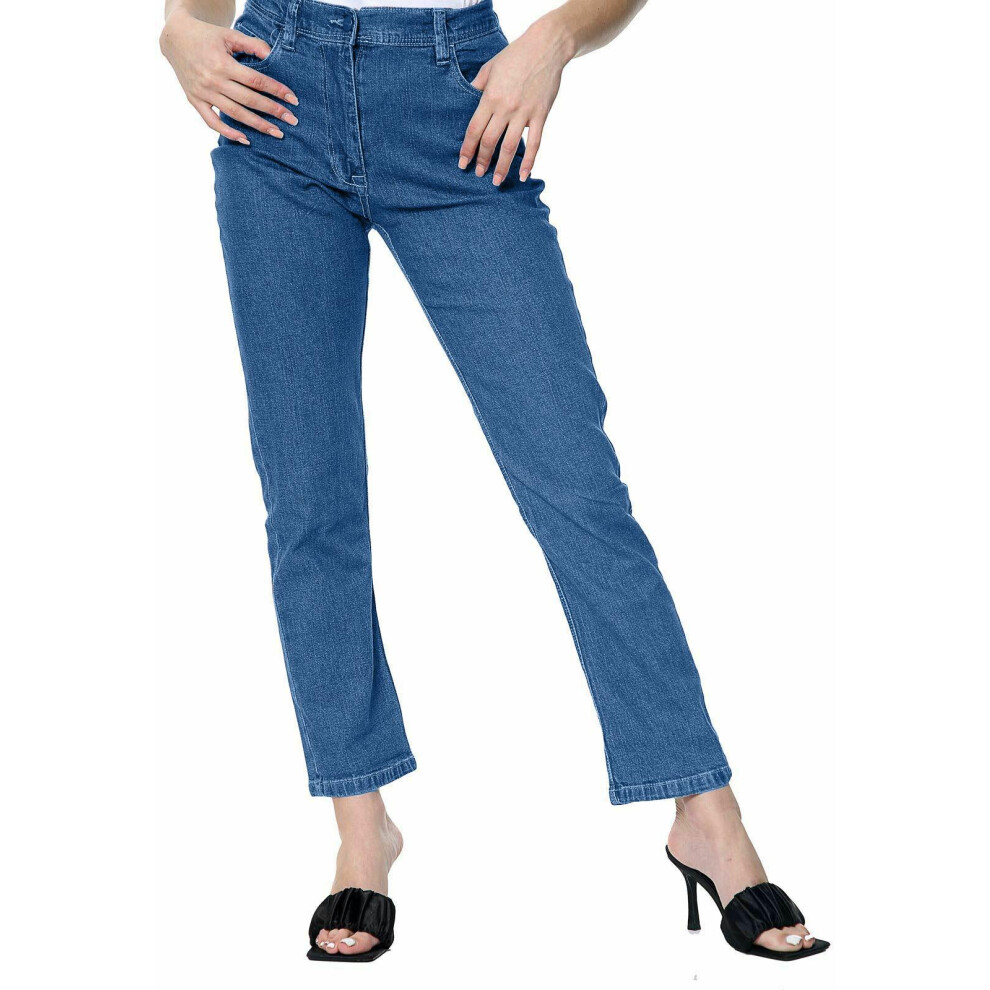 (Blue, 30W X 27L) Ladies StraightLeg Jeans Half Elasticated Stretchy