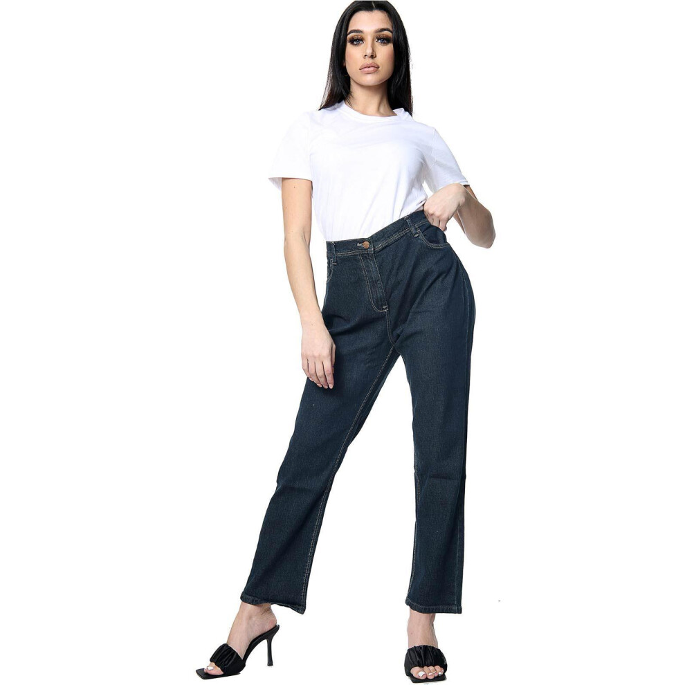 (Dark Blue, 10W X 29L) Ladies StraightLeg Jeans Half Elasticated Stretchy