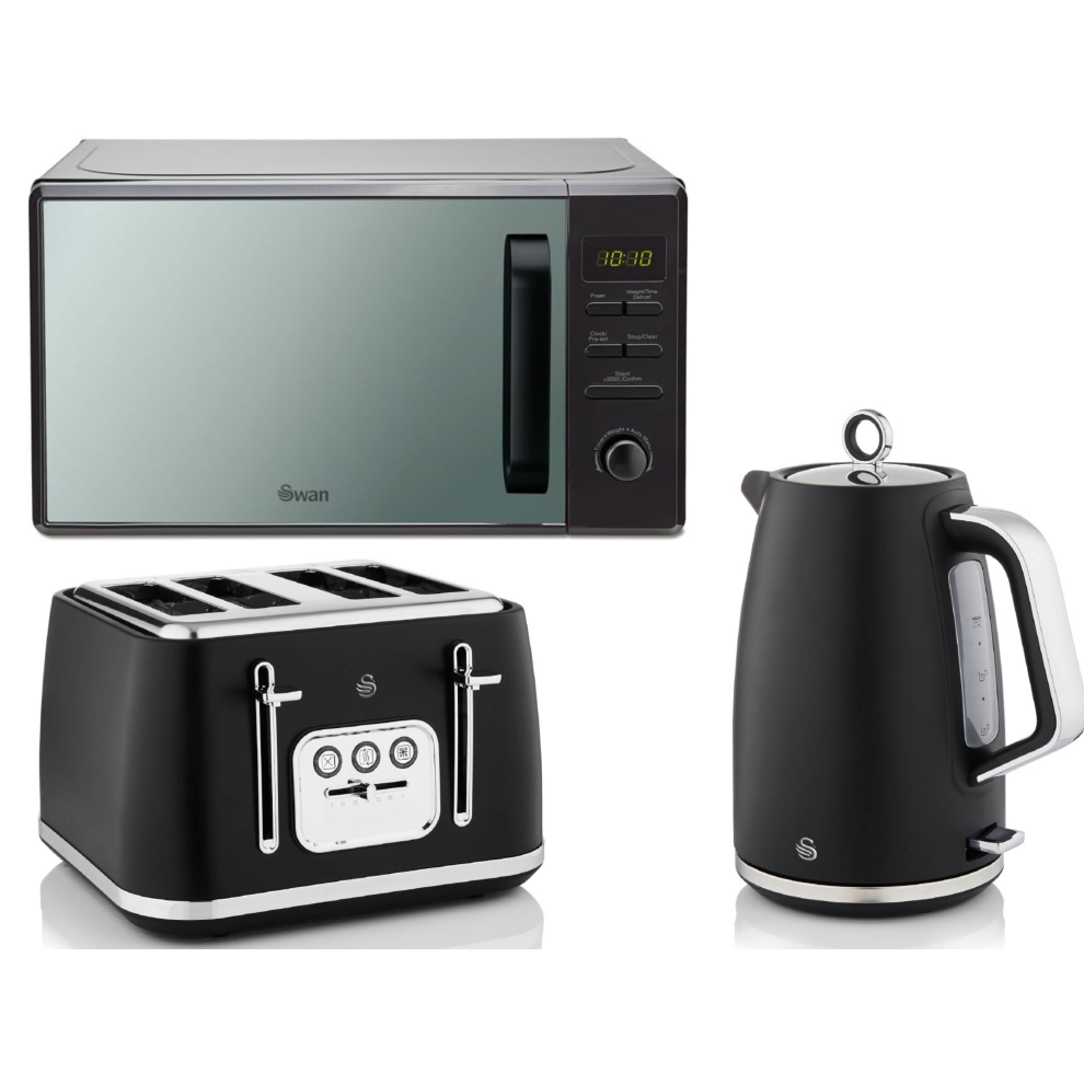 Swan Serenity Black Kettle, 4 Slice Toaster & 800W Digital Microwave