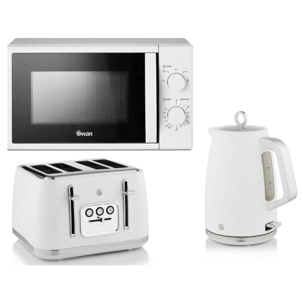 Swan Serenity White Kettle, 4 Slice Toaster & 700W 20L Microwave Set