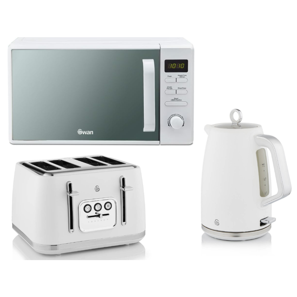 Swan Serenity White Kettle, 4 Slice Toaster & 800W Digital Microwave