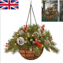 Christmas Artificial Flower Hanging Basket w/ LED Lights Xmas Garden
