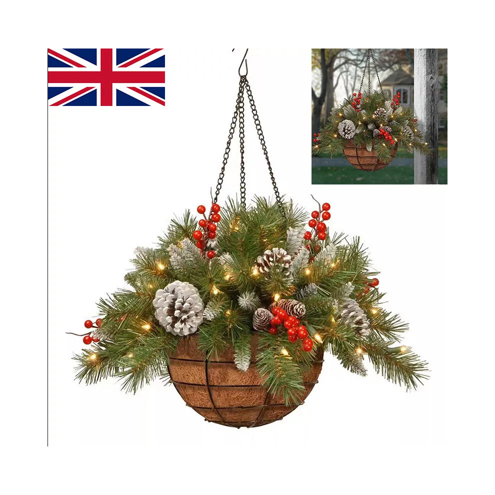 Christmas Artificial Flower Hanging Basket w/ LED Lights Xmas Garden