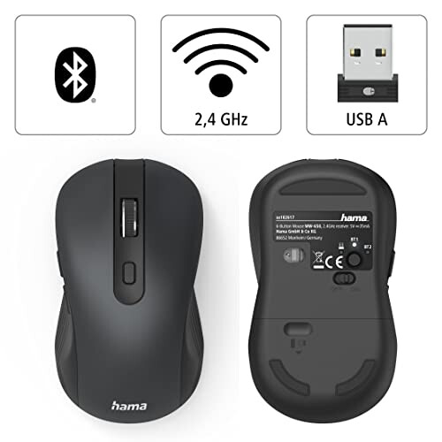 Hama Hama Wireless Computer Mouse with 6 Buttons, Optical Mouse, Multi-Device Mouse for PC, Laptop and Notebook for Right Hand, 800-2400 DPI, Bluetooth, 1