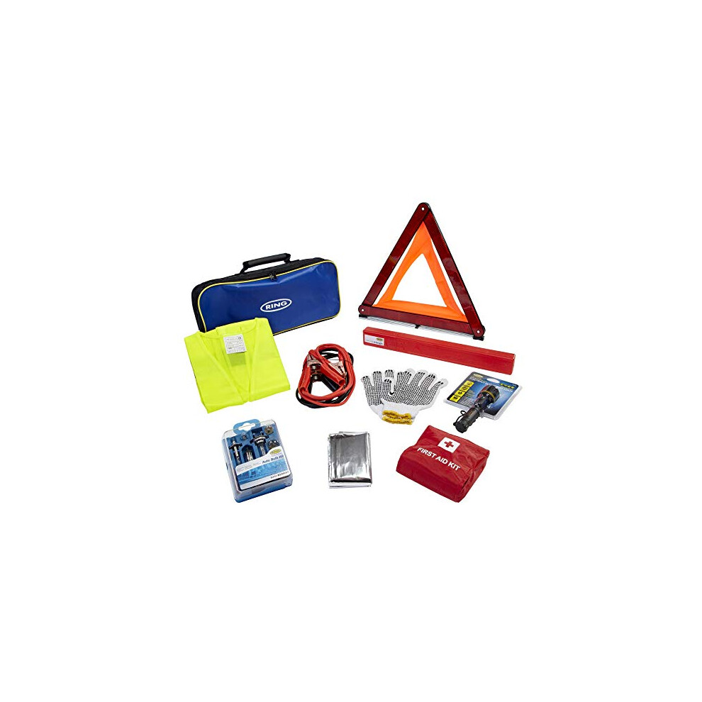 Ring RCT2 9 Piece Emergency Car Kit, with Universal Spare Bulb Kit, Booster Cables, Warning Triangle, High Vis Vest, First Aid Kit, Non-Slip Gloves,