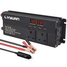 LVYUAN Modified Sine Wave Power Inverter 1200 / 2500 W DC 12V to 240V AC Car Converter with 4 USB | 3 UK Sockets | Dual LED Display | Fan, Car