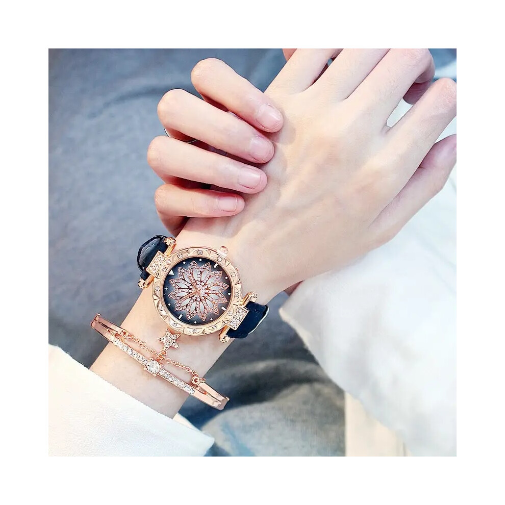 Photos - Wrist Watch  2Pcs Set Women Fashion Watches Starry Sky Ladies Watch Casual Leather(Black)