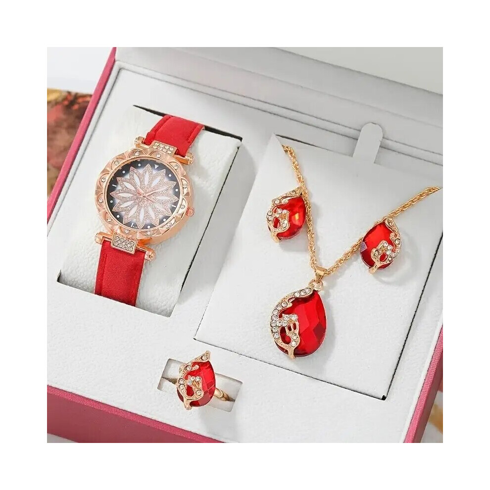 Photos - Wrist Watch  5Pcs Set Women Diamond Watch Starry Square Dial Watches Set Ladies Leather(Red)