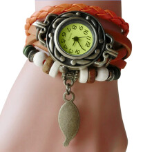 (Orange) New Watches For Women Retro Leather Leaf Pendant Watch Winding Accessories