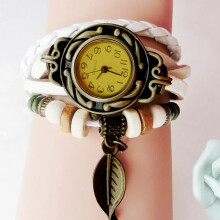 (White) 2023 Women'S Elegant Vintage Leather Wrapped Watch, Leaf Pendant Watch,