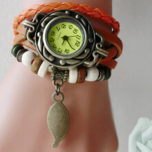 (Orange) 2023 Women'S Elegant Vintage Leather Wrapped Watch, Leaf Pendant Watch,