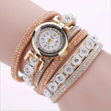 (Beige) Quartz Round Watch Fashion Alloy With Diamond Watches PU Leather Quartz