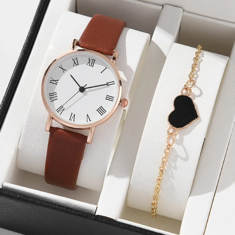 (2PCS SetCoffee White) 5/2PCS Set Watch for Women Luxury Leather Analog Ladies Quartz Wrist Watch-image-OPC-PFH5HV5-NEW