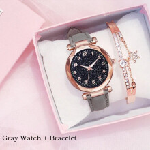 (Gray watch bracelet) Women Diamond Watch Starry Square Dial Watches Set Ladies Leather Band