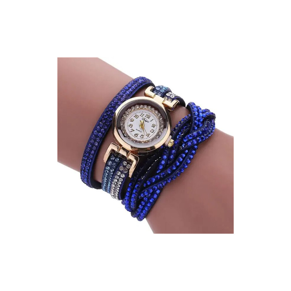 (dark blue) Fashion Casual Gold Quartz Women Rhinestone Watch Braided Leather Watch-image-OPC-PFH5HXN-NEW
