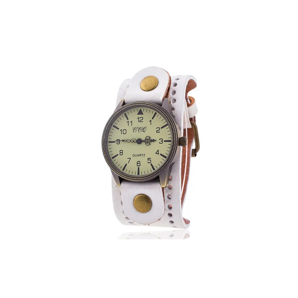 (WHITE) Vintage Cow Leather Watch High Quality Antique Women Wrist Watch Luxury