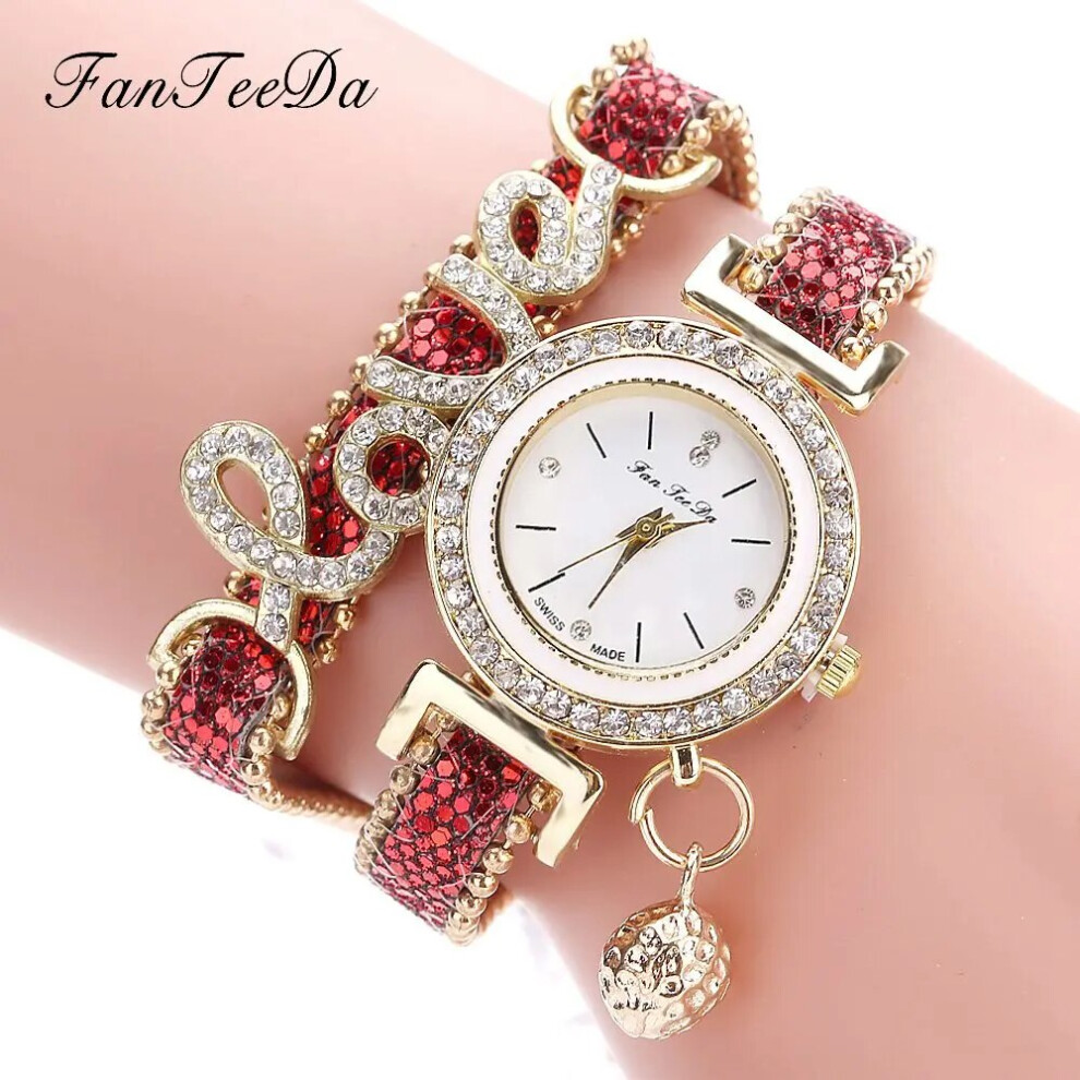 Photos - Wrist Watch Luxury Crystal Watches Women Love Word Watches Women Sky Blue Leather(Red)