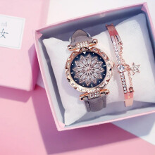 (Grey With Bracelet) 2020 Women Watches Set Starry Sky Ladies Watch Casual Leather Sports Quartz