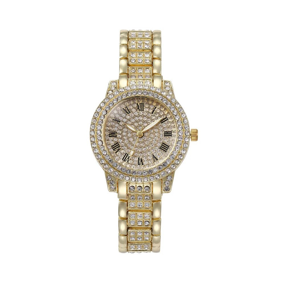 Photos - Wrist Watch  Luxury Women Watch with Full Diamond Elegant Brand Quartz Steel Watches(Gold)