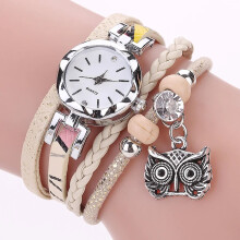 (beige) Women Watch With Owl Pendant Luxury Ladies Clock Fashion Quartz Watch