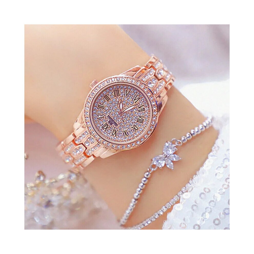 Aihontai (Rose With 1 Bracelet) Diamond Women Watch Rhinestone Ladies Watches Clock Wristwatch Silver