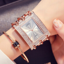(Rose gold--White) G&D New Casual Fashion Women Watch For Three Chain Stainless Steel Diamond
