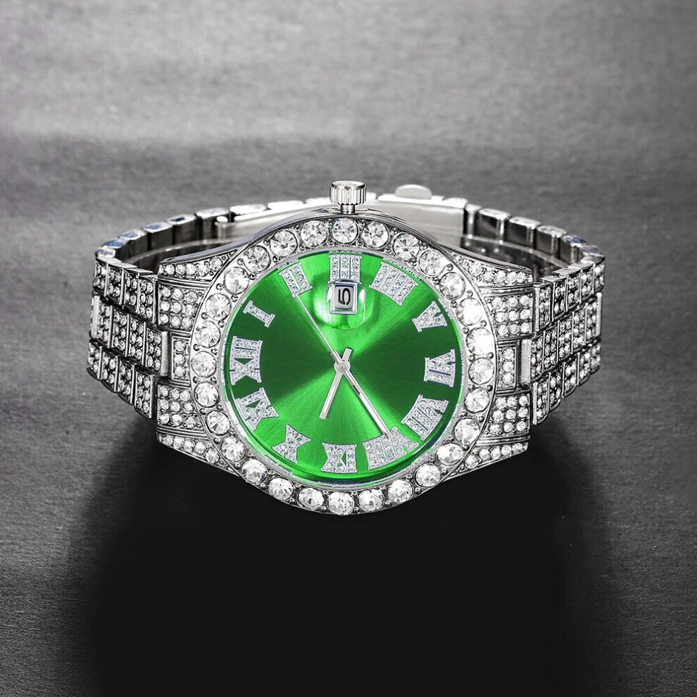 (GREEN) 2022 Full Iced Out Watch Mens Cuban Link Chain watch Bling Jewelry for