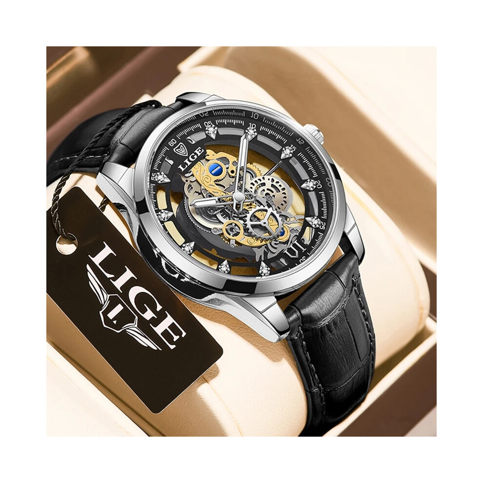 (leather silver black) LIGE 2023 New Gold Watch Women Watches Ladies All Steel Skeleton Design-image-OPC-PFH5NSS-NEW