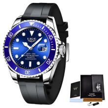(Silicone silver blue) LIGE Fashion Diver Watch Women Top Brand Luxury Women Watch Creative Steel