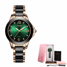 (Rose gold green) SUNKTA Fashion Women Watches Ladies Top Brand Luxury Ceramic Rhinestone