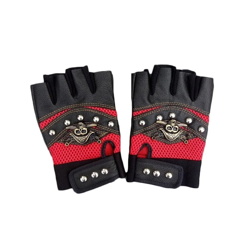 (Red) Pu Leather Skull Punk Black Driving Motorcycle Biker Fingerless Gloves Black,Red 9049134264200