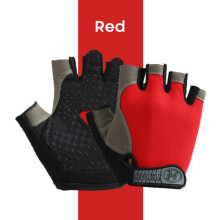 (Red, M) Gloves Half Finger Gloves Anti-Slip Anti-sweat Gym Fitness Fishing Cycling