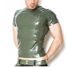 (army green, M) Army Green Latex T-shirt Rubber Tops Short Sleeves Handmade for Men Wear