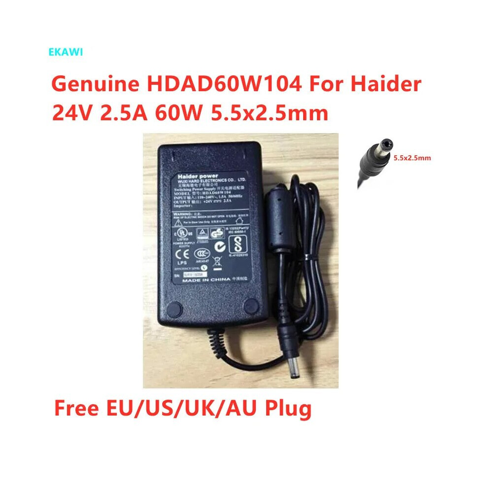 Genuine Haider Hdad60w104 24V 2.5A 60W 5.5X2.5mm Ac Adapter For Monitor 9454952711834