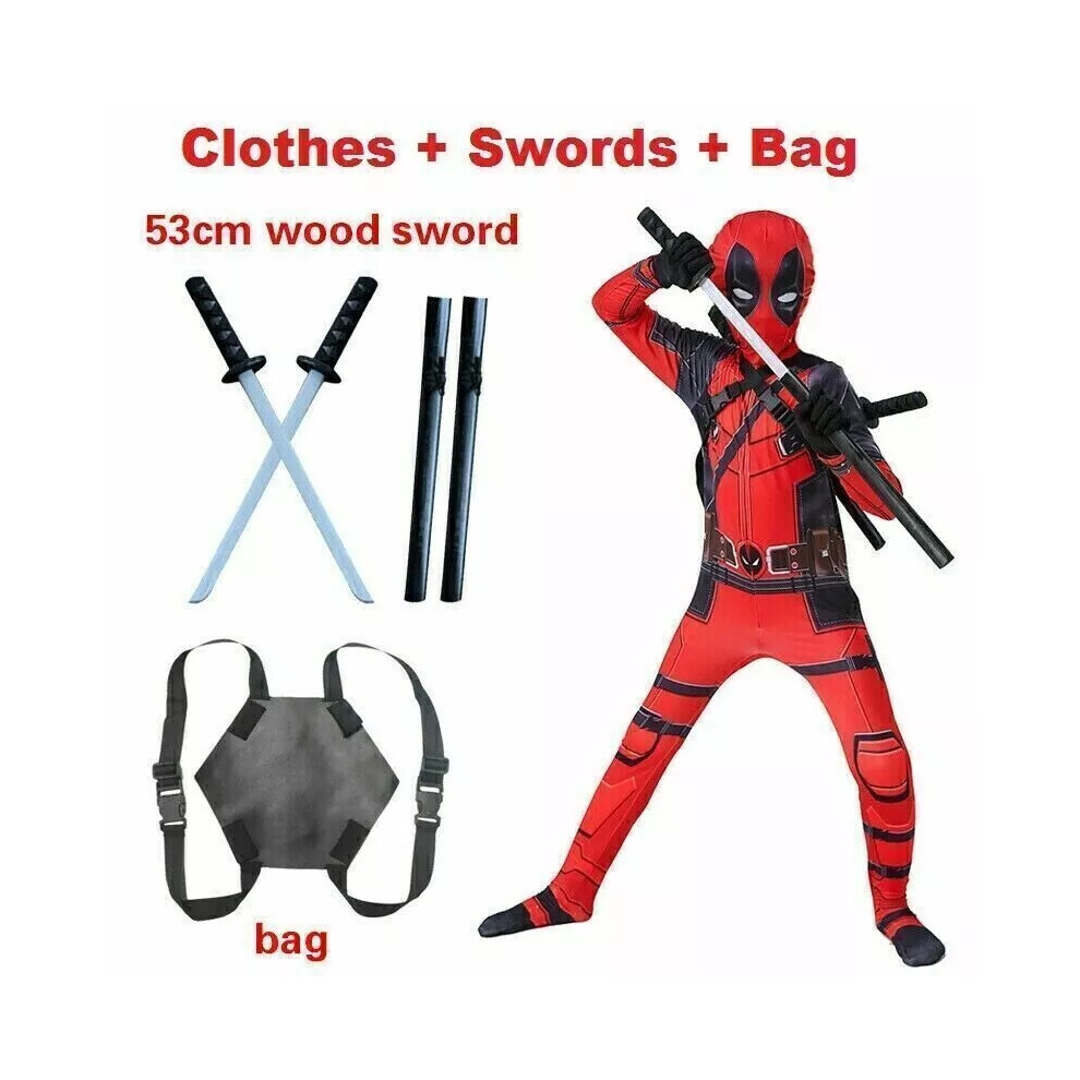 (Clothes + Swords + Bag, 7-8 years (130cmï¼) Deadpool Costume Kids Bodysuit Boys Halloween Fancy Dress Party Cosplay