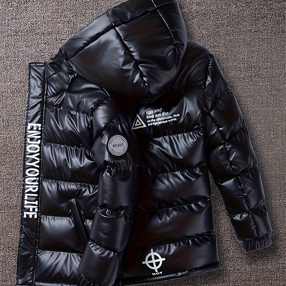 (Black, 9-10Y) Boys' Warm Metallic Color Hooded Padded Jacket - Snow Suits with Zip Up Coat