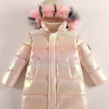 (Pink Color, 6-7Y) Festive Kids' Puffer Coat with Rainbow Iridescent Shell and Fluffy Fur Hood