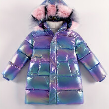 (Violet Blue, 7-8Y) Festive Kids' Puffer Coat with Rainbow Iridescent Shell and Fluffy Fur Hood